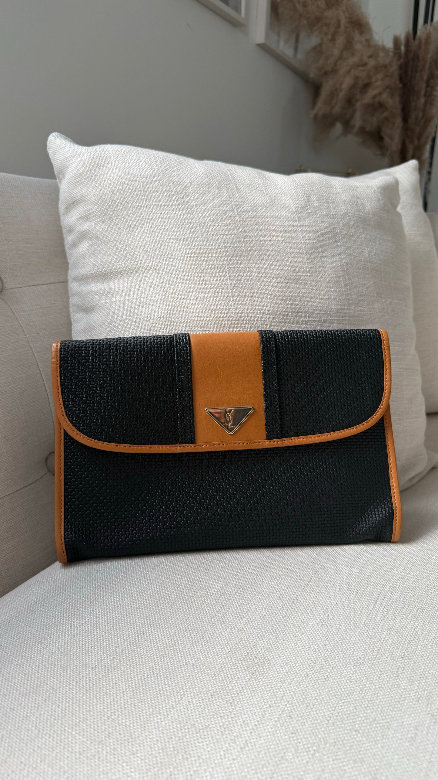 YSL Black Brown Canvas Clutch Bag